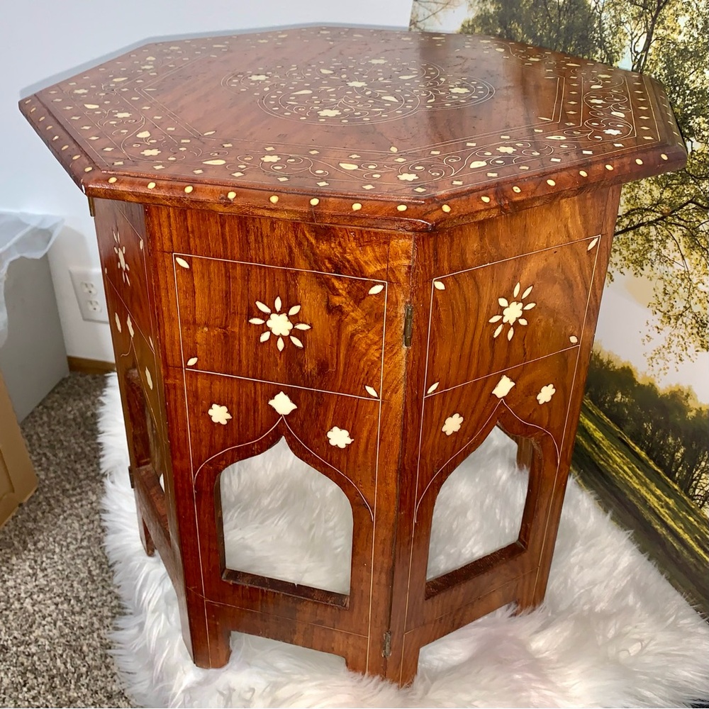 Indian Side Table with Bone Inlay - Picture 2 of 11